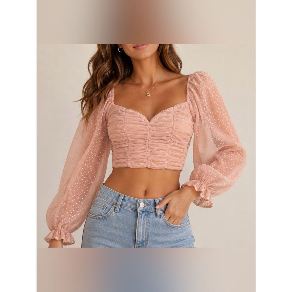 AKIRA Sheer Mesh Puff Sleeve Corset Top Blush Pink Size S
